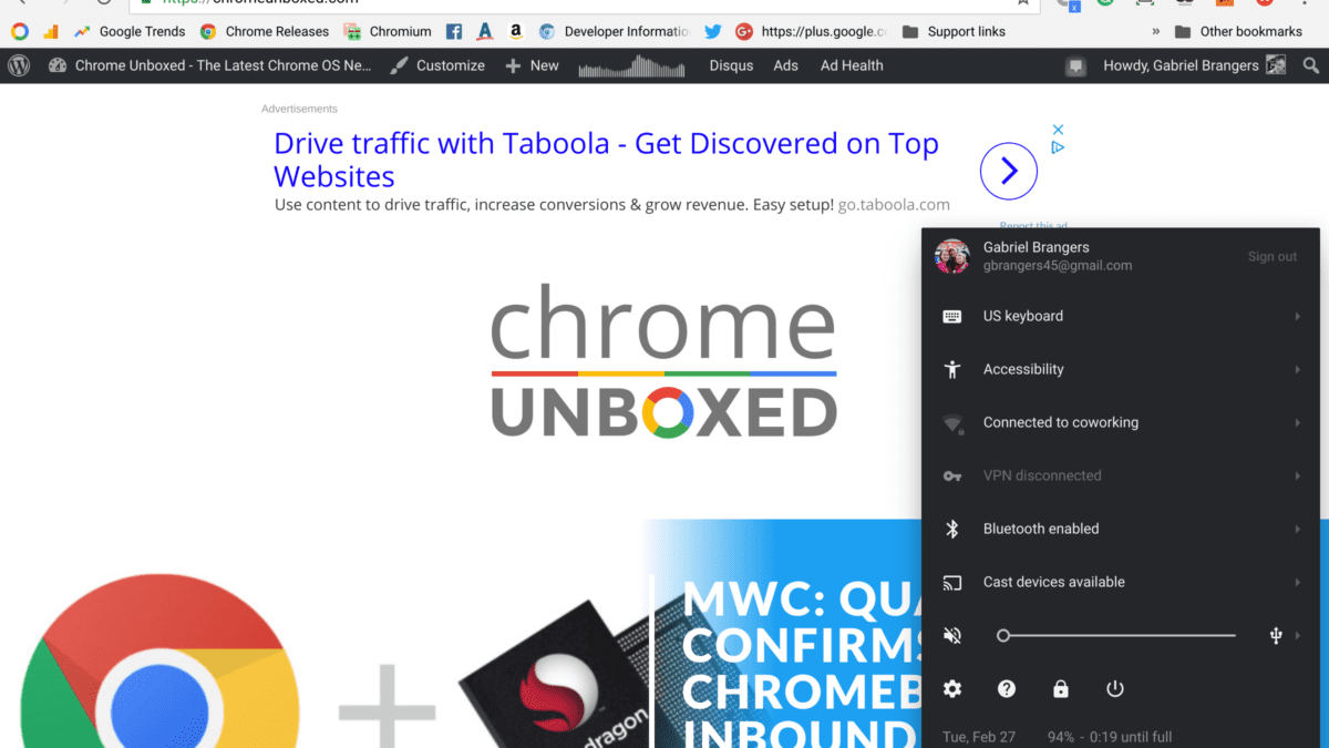 Chrome OS Testing Dark Mode System Tray