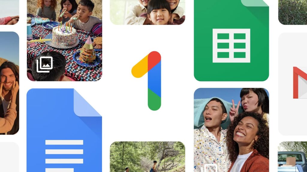Google One Logo with Google services backdrop