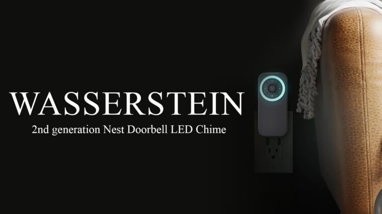 Wasserstein LED Chime plugged into the wall next to a couch featuring the company's logo.