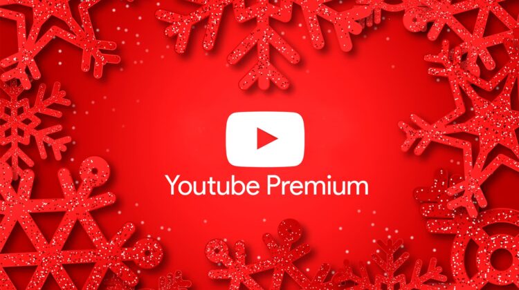 YouTube Premium logo surrounded by holiday snowflakes
