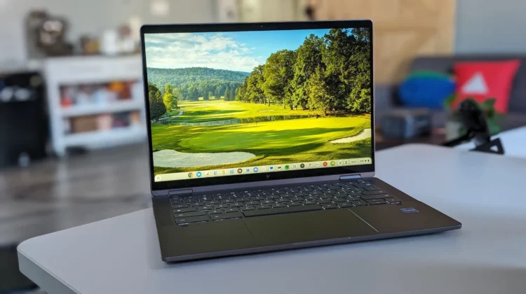 The HP x360 14c Chromebook Plus on a desk