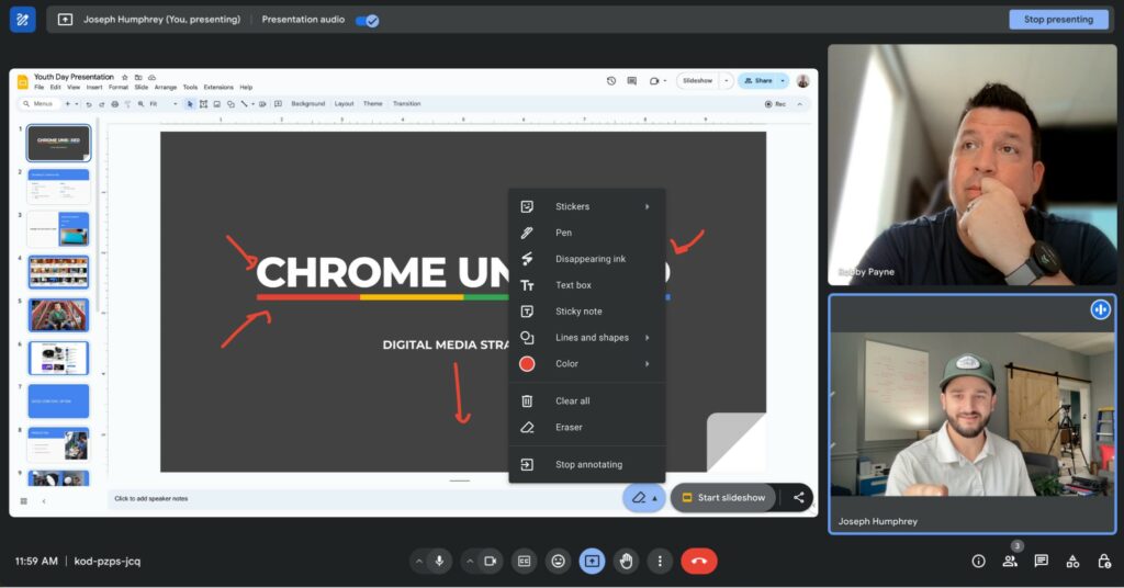 Google Meet live annotations and menu in presentation