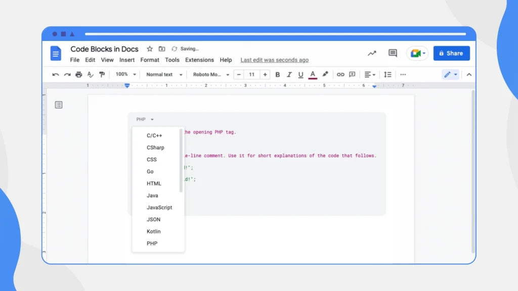 Google Docs new coding languages