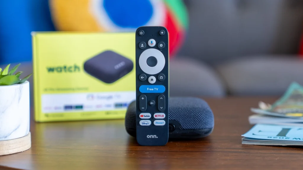 Onn Google TV 4K Pro Streaming Box with box on table